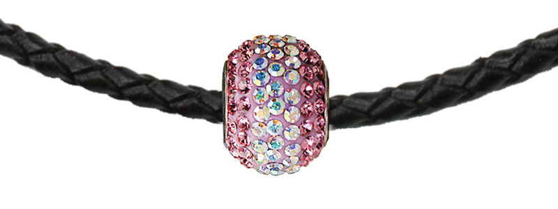 Braided Leather Choker w/Pink Crystal Bead, 13-15" Adj